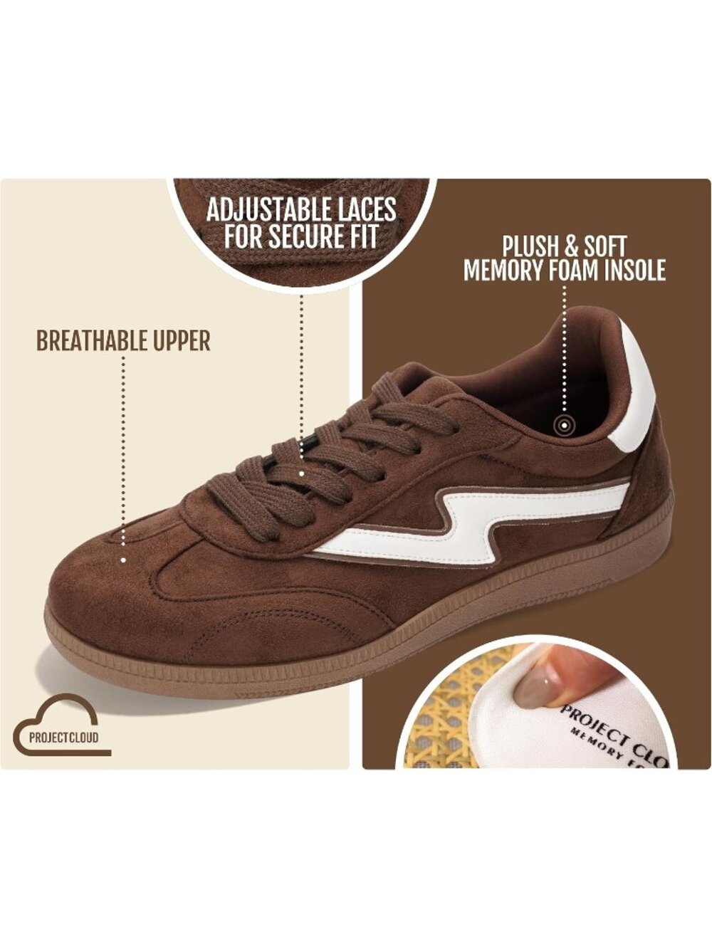 Project Cloud Women's Brown Sneakers Plush & Soft Memory Foam Insole Lace Up - Picture 2 of 5